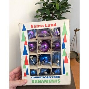 Vintage Glass Christmas Ornaments Set of 12, Purple Blue Baubles, Retro Tree